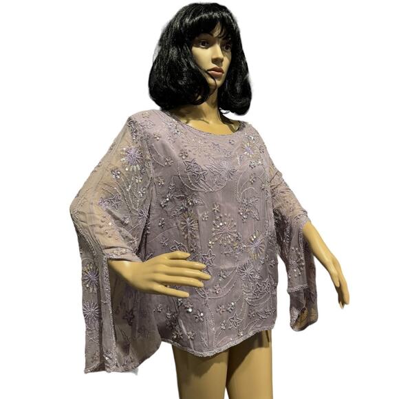 Adrianna Papell Occasions silk Lavender sequin beaded sheer sleeve top size 20W - Picture 2 of 15
